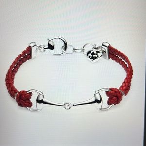 Gucci Red Braided Leather Horsebit Bracelet with Silver Hardware